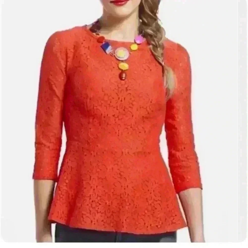Moulinette Soeurs Anthropologie Orange Floral Lace Peplum Shirt, Size 2